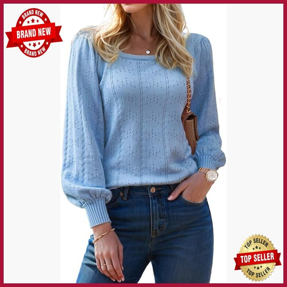 Cozy Knitted Pullover Sweater Puff Sleeve Square Neck Long Sleeve Tops